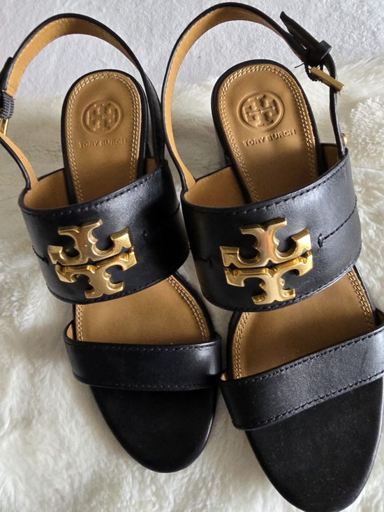Tory Burch Shoes - Tory Burch Black Leather Sandals with Gold Logo